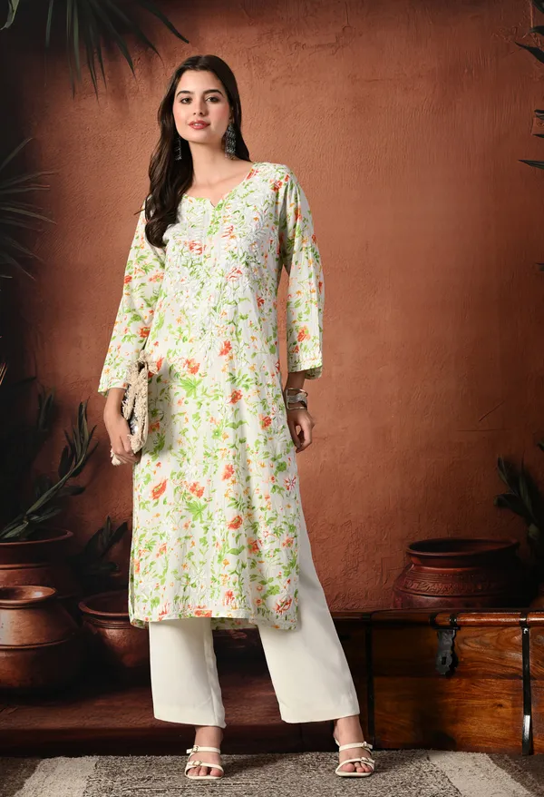 Syrish_Orange_accents_Floral_Handcrafted_Chikankari_Mulmul_Kurta