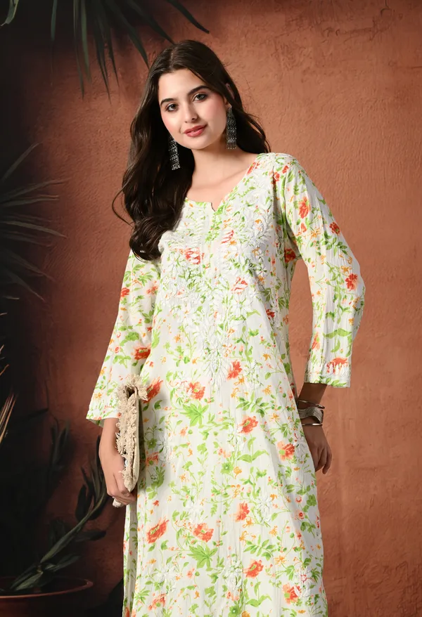 Syrish_Orange_accents_Floral_Handcrafted_Chikankari_Mulmul_Kurta
