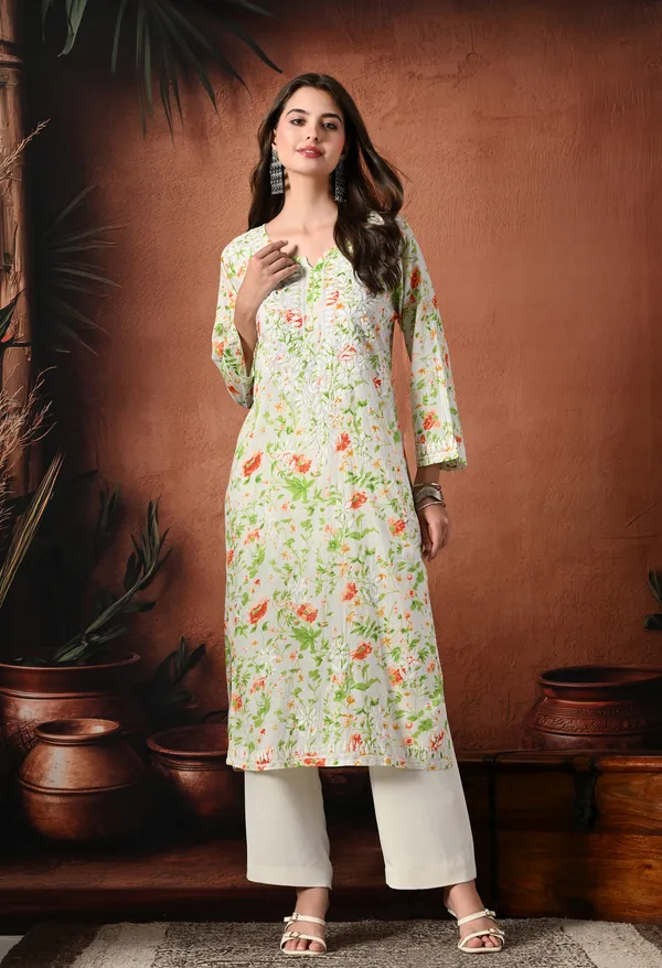 Syrish_Orange_accents_Floral_Handcrafted_Chikankari_Mulmul_Kurta
