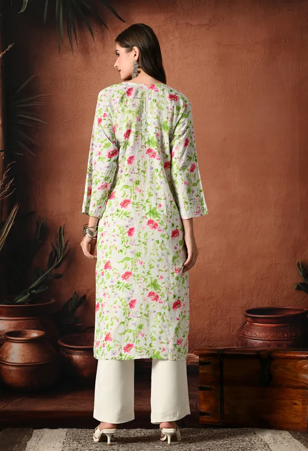 Syrish_Pink_accents_Floral_Handcrafted_Chikankari_Mulmul_Kurta