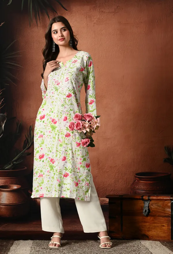 Syrish_Pink_accents_Floral_Handcrafted_Chikankari_Mulmul_Kurta