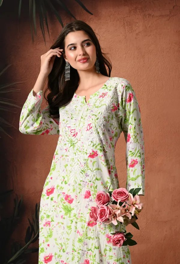 Syrish_Pink_accents_Floral_Handcrafted_Chikankari_Mulmul_Kurta