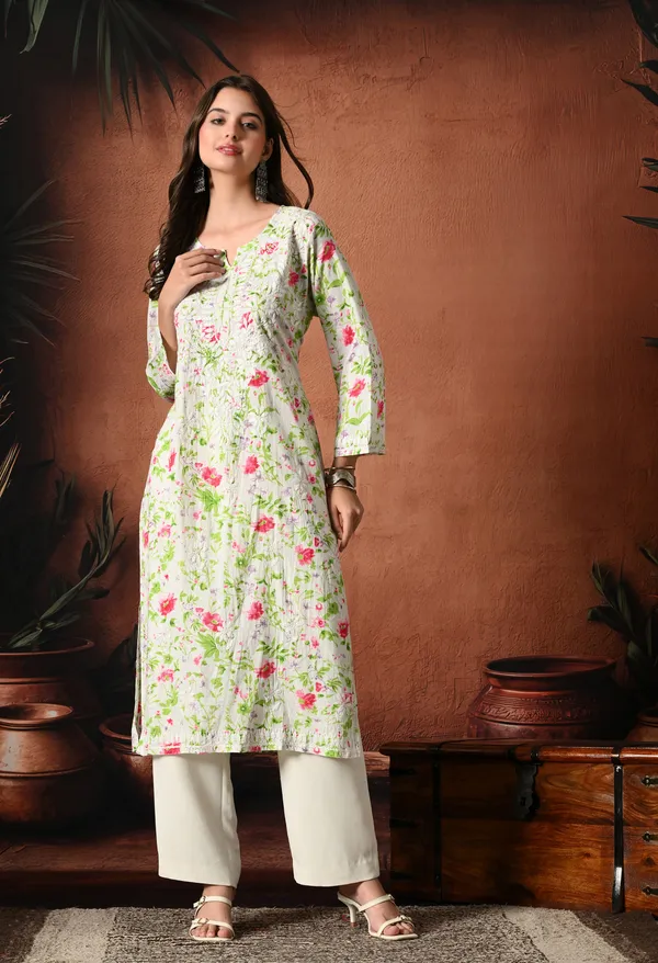 Syrish_Pink_accents_Floral_Handcrafted_Chikankari_Mulmul_Kurta