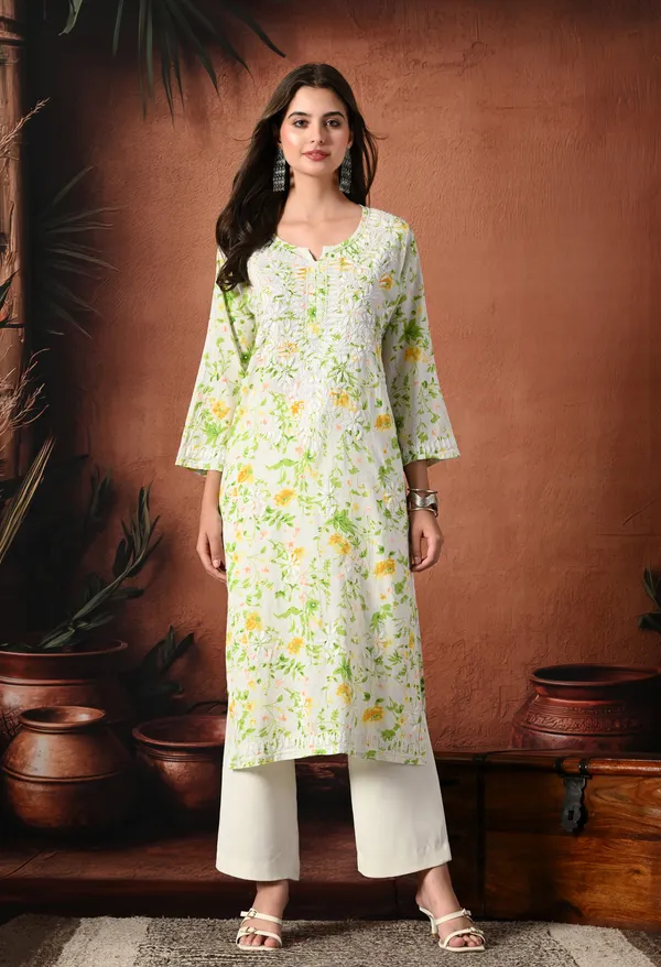 Syrish_Yellow_accents_Floral_Handcrafted_Chikankari_Mulmul_Kurta