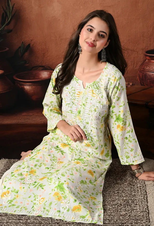 Syrish_Yellow_accents_Floral_Handcrafted_Chikankari_Mulmul_Kurta