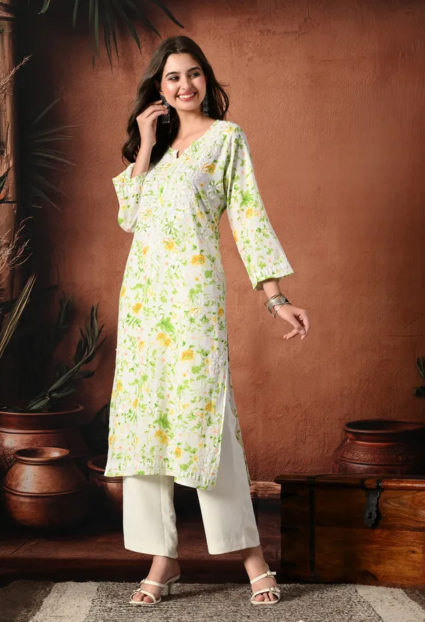 Syrish_Yellow_accents_Floral_Handcrafted_Chikankari_Mulmul_Kurta