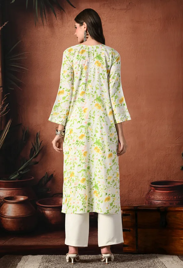 Syrish_Yellow_accents_Floral_Handcrafted_Chikankari_Mulmul_Kurta