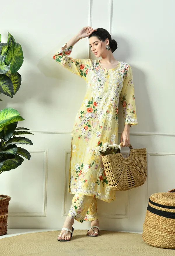 Sunshine_Yellow_Floral_Hand_Embroidered_Mulmul_Chikankari_Kurta_Plazo_Set