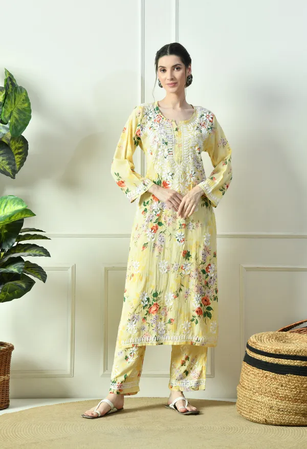 Sunshine_Yellow_Floral_Hand_Embroidered_Mulmul_Chikankari_Kurta_Plazo_Set