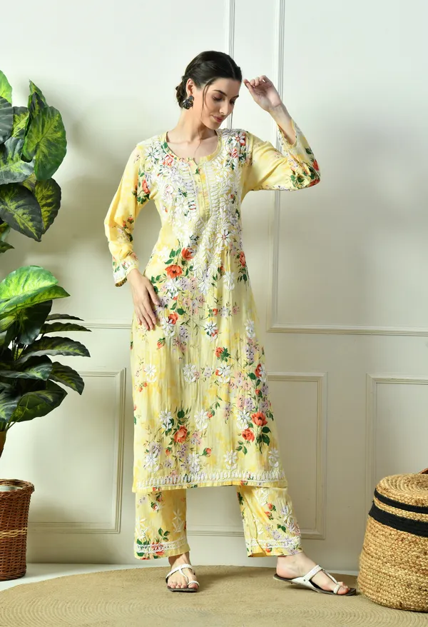 Sunshine_Yellow_Floral_Hand_Embroidered_Mulmul_Chikankari_Kurta_Plazo_Set