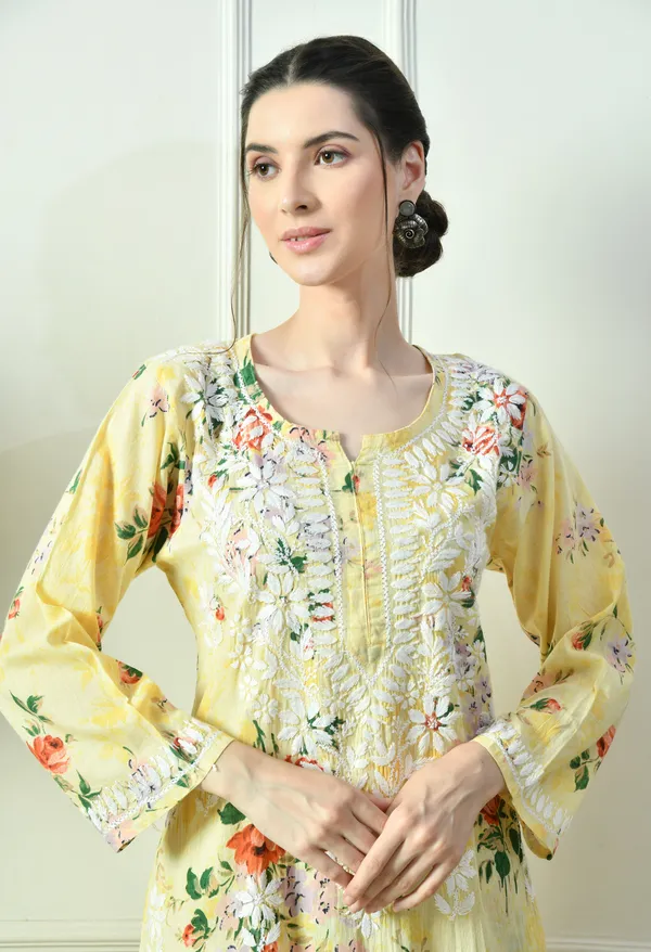 Sunshine_Yellow_Floral_Hand_Embroidered_Mulmul_Chikankari_Kurta_Plazo_Set