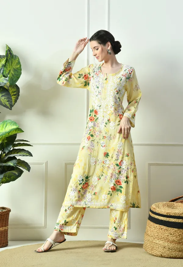 Sunshine_Yellow_Floral_Hand_Embroidered_Mulmul_Chikankari_Kurta_Plazo_Set