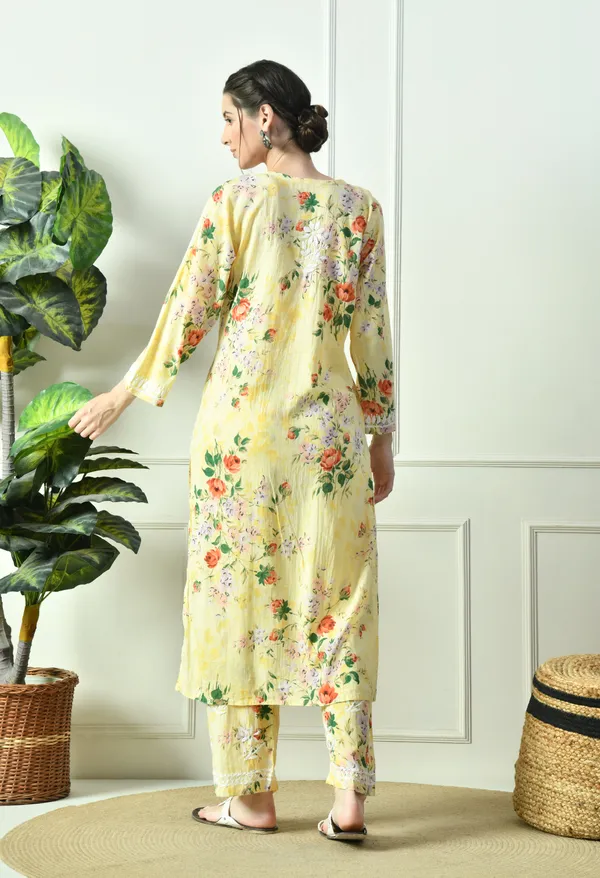 Sunshine_Yellow_Floral_Hand_Embroidered_Mulmul_Chikankari_Kurta_Plazo_Set