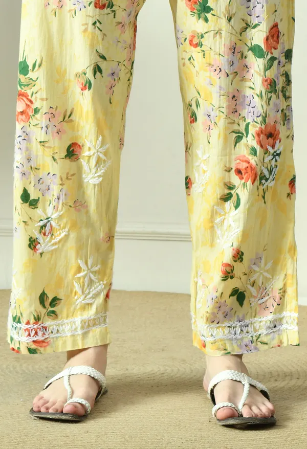 Sunshine_Yellow_Floral_Hand_Embroidered_Mulmul_Chikankari_Kurta_Plazo_Set