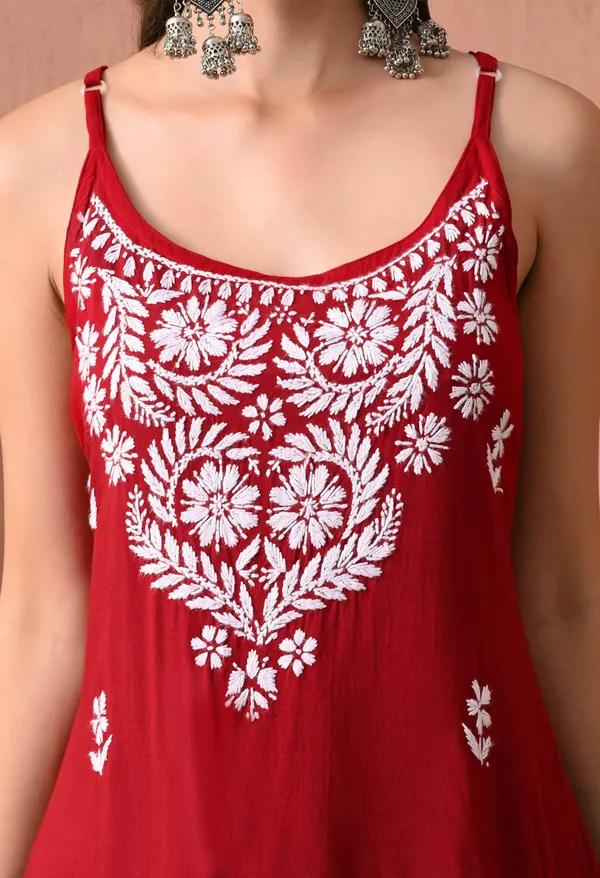 Syrish_Maroon_Hand_Embroidered_Chikankari_Spaghetti_Strap_Kurti