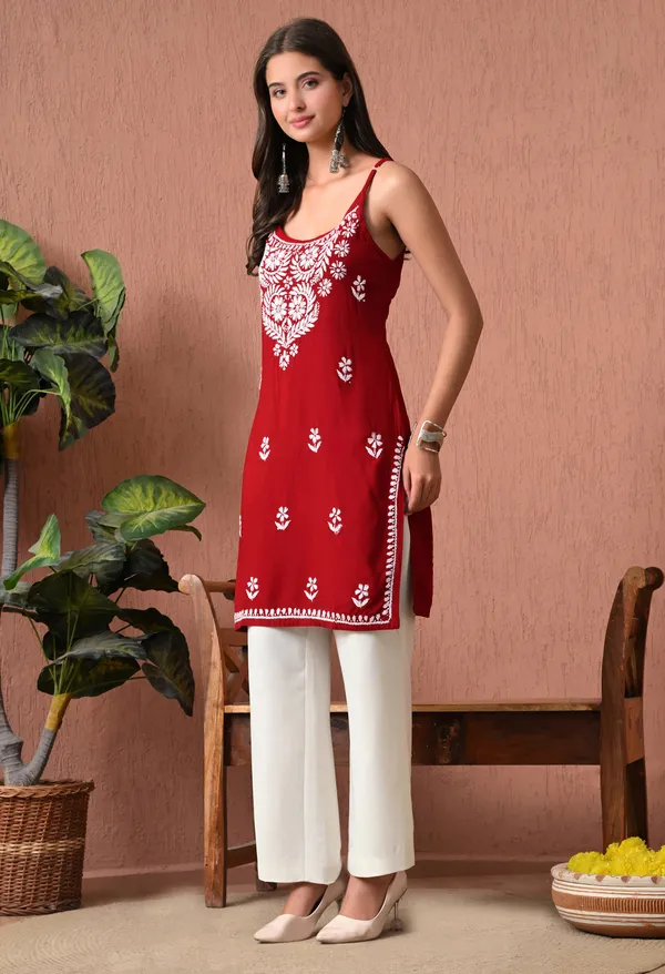 Syrish_Maroon_Hand_Embroidered_Chikankari_Spaghetti_Strap_Kurti
