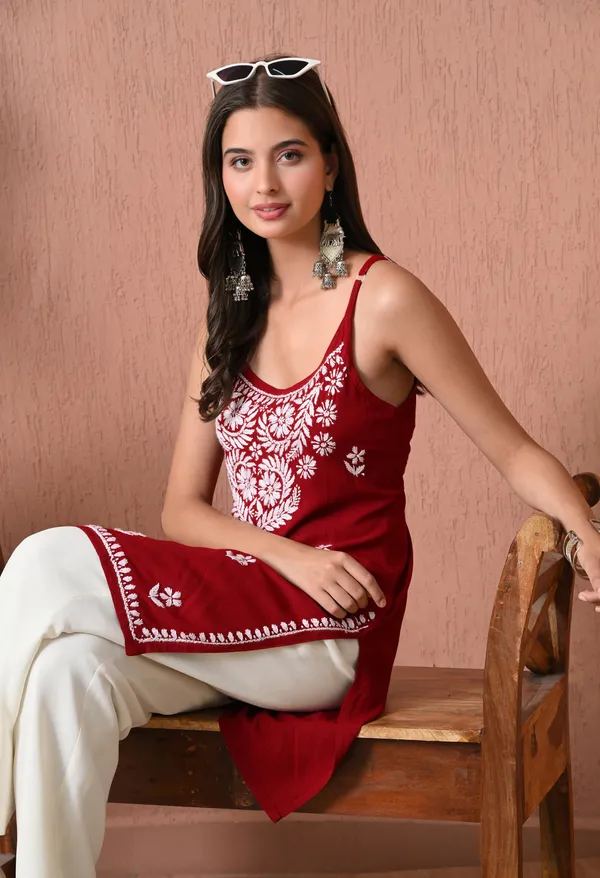 Syrish_Maroon_Hand_Embroidered_Chikankari_Spaghetti_Strap_Kurti