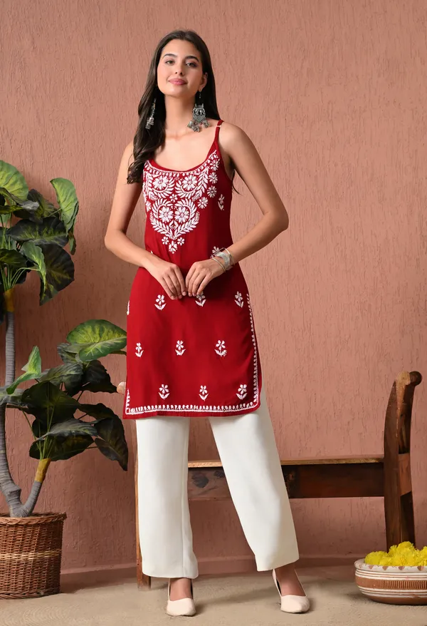 Syrish_Maroon_Hand_Embroidered_Chikankari_Spaghetti_Strap_Kurti