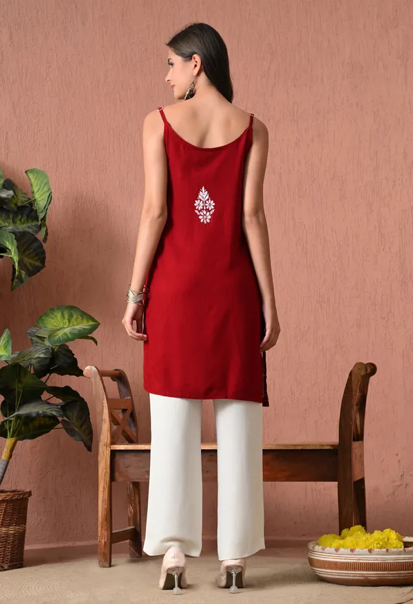Syrish_Maroon_Hand_Embroidered_Chikankari_Spaghetti_Strap_Kurti