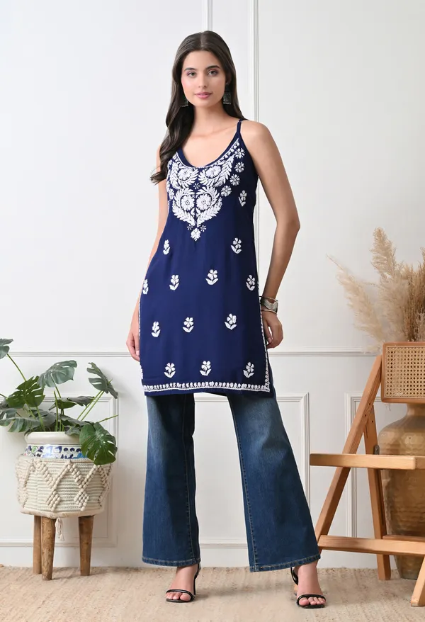 Syrish_Navy_Blue_Hand_Embroidered_Chikankari_Spaghetti_Strap_Kurti