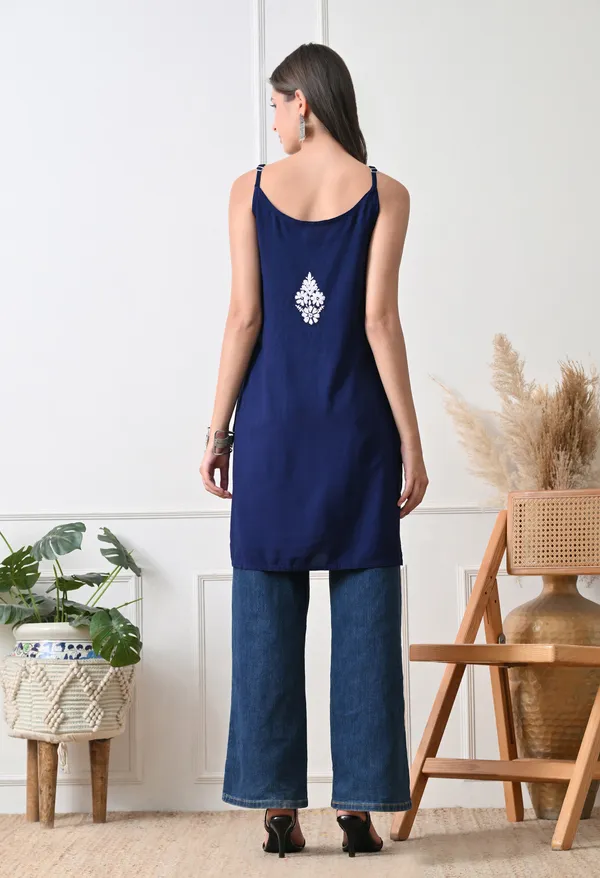 Syrish_Navy_Blue_Hand_Embroidered_Chikankari_Spaghetti_Strap_Kurti