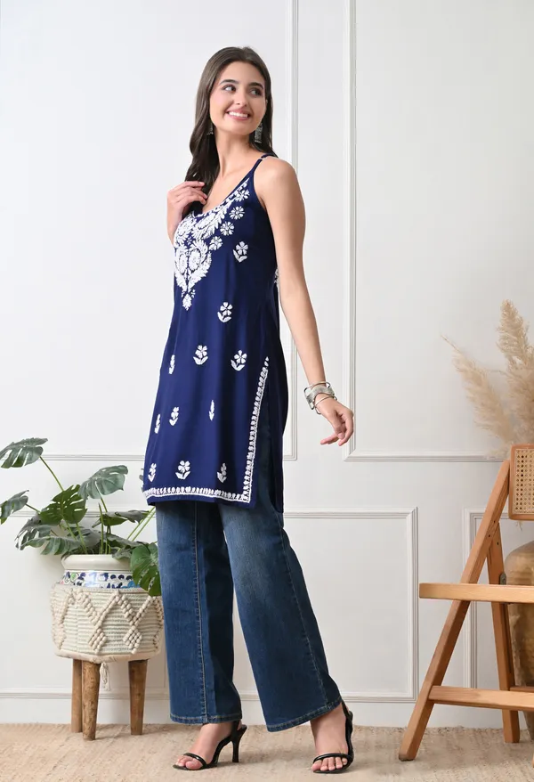 Syrish_Navy_Blue_Hand_Embroidered_Chikankari_Spaghetti_Strap_Kurti