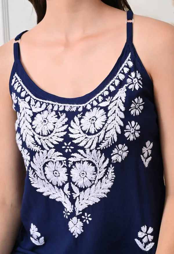 Syrish_Navy_Blue_Hand_Embroidered_Chikankari_Spaghetti_Strap_Kurti