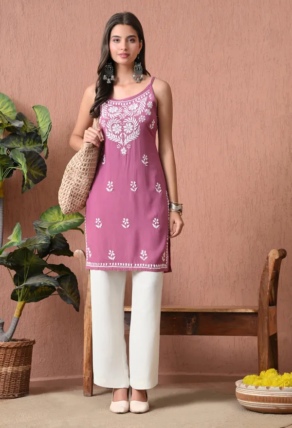 Syrish_Onion_Pink_Hand_Embroidered_Chikankari_Spaghetti_Strap_Kurti