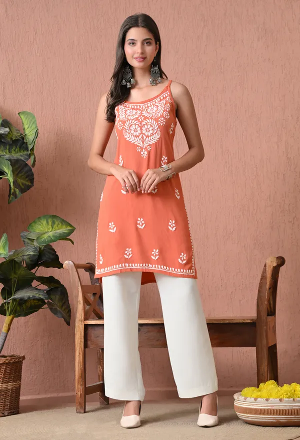 Syrish_Peach_Hand_Embroidered_Chikankari_Spaghetti_Strap_Kurti