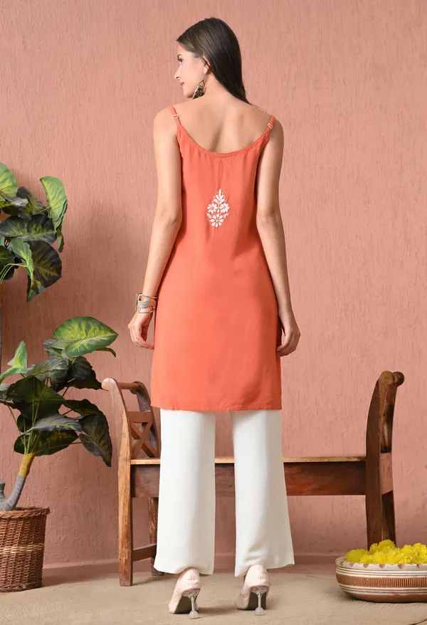 Syrish_Peach_Hand_Embroidered_Chikankari_Spaghetti_Strap_Kurti