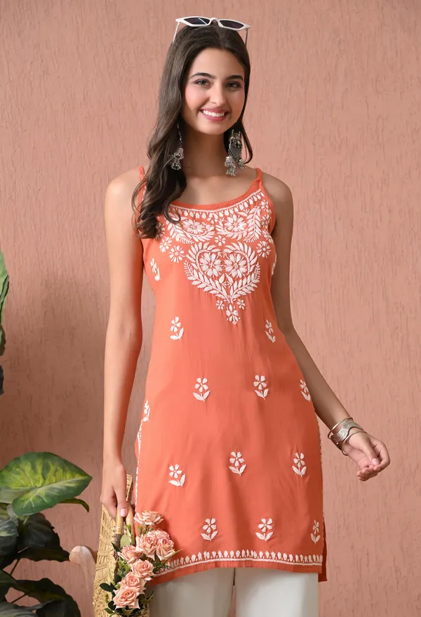 Syrish_Peach_Hand_Embroidered_Chikankari_Spaghetti_Strap_Kurti