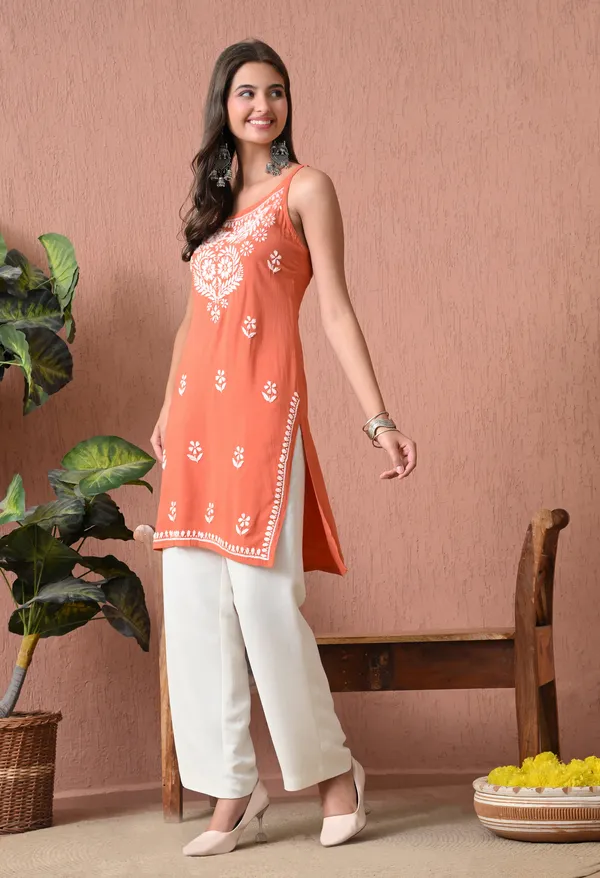 Syrish_Peach_Hand_Embroidered_Chikankari_Spaghetti_Strap_Kurti