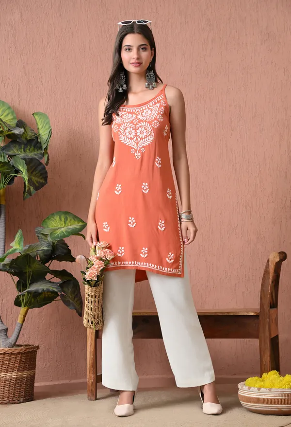 Syrish_Peach_Hand_Embroidered_Chikankari_Spaghetti_Strap_Kurti