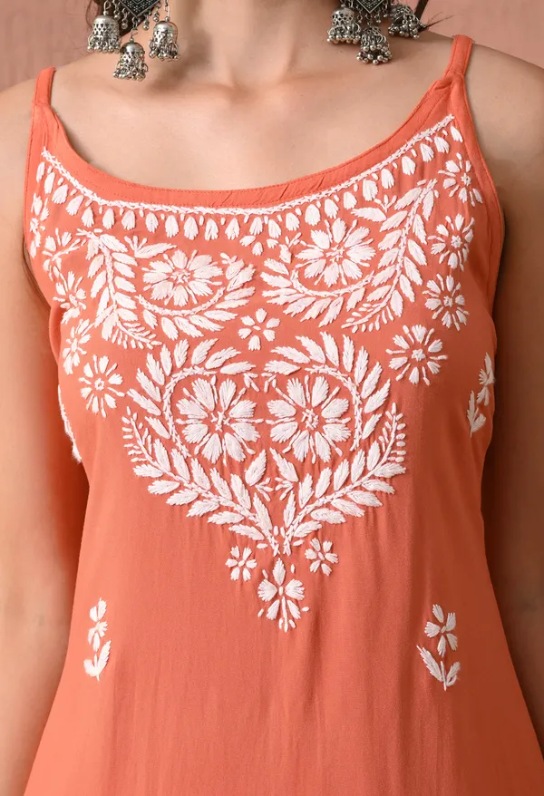 Syrish_Peach_Hand_Embroidered_Chikankari_Spaghetti_Strap_Kurti