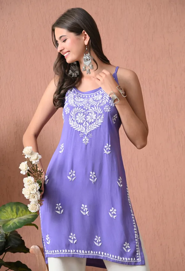 Syrish_Purple_Hand_Embroidered_Chikankari_Spaghetti_Strap_Kurti