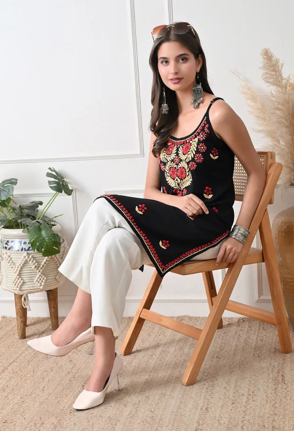 Syrish_Black_Rayon_Spaghetti_Strap_Chikankari_Hand_Embroidered_Straight_Kurti