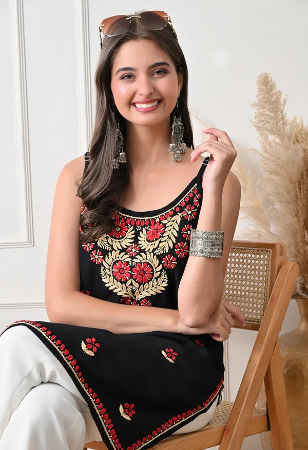 Syrish_Black_Rayon_Spaghetti_Strap_Chikankari_Hand_Embroidered_Straight_Kurti