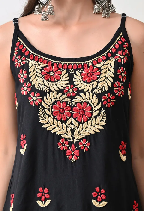 Syrish_Black_Rayon_Spaghetti_Strap_Chikankari_Hand_Embroidered_Straight_Kurti