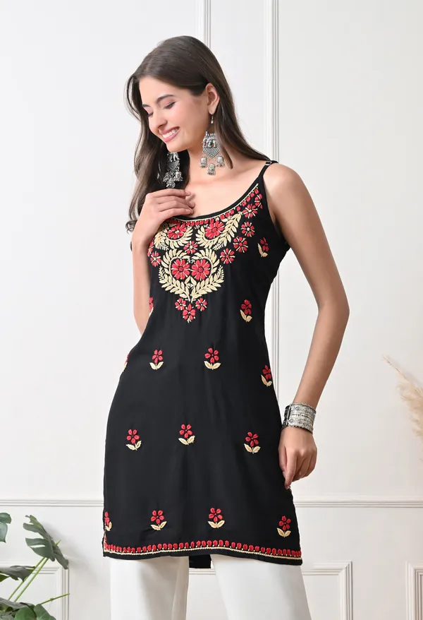 Syrish_Black_Rayon_Spaghetti_Strap_Chikankari_Hand_Embroidered_Straight_Kurti