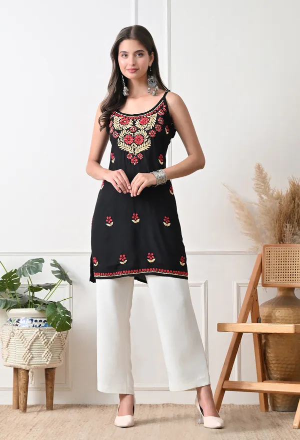 Syrish_Black_Rayon_Spaghetti_Strap_Chikankari_Hand_Embroidered_Straight_Kurti
