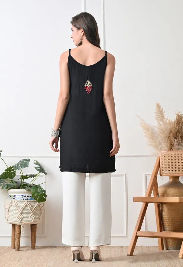 Syrish_Black_Rayon_Spaghetti_Strap_Chikankari_Hand_Embroidered_Straight_Kurti