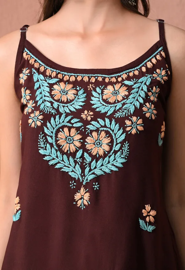 Syrish_Brown_Rayon_Spaghetti_Strap_Chikankari_Hand_Embroidered_Straight_Kurti