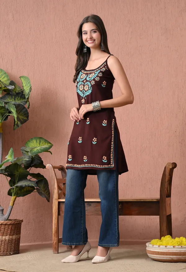 Syrish_Brown_Rayon_Spaghetti_Strap_Chikankari_Hand_Embroidered_Straight_Kurti
