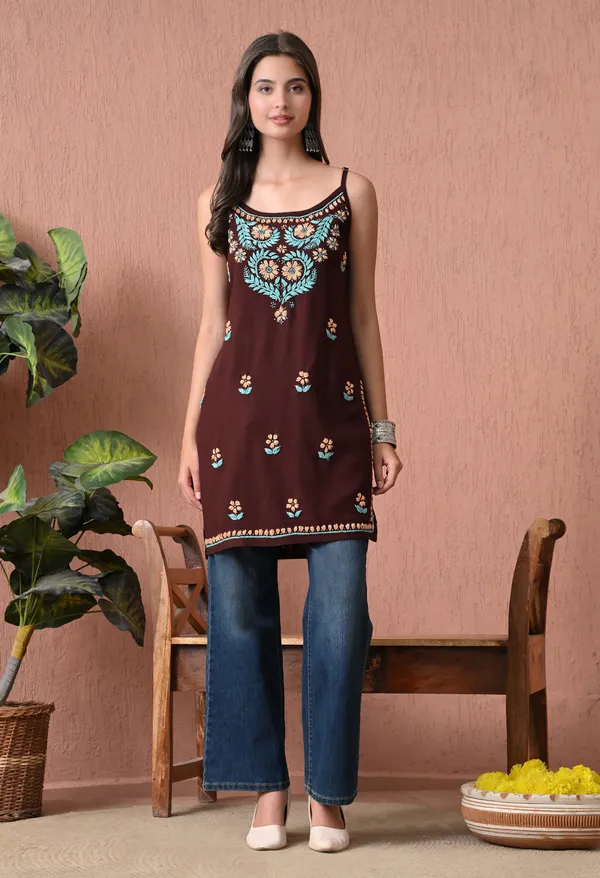 Syrish_Brown_Rayon_Spaghetti_Strap_Chikankari_Hand_Embroidered_Straight_Kurti