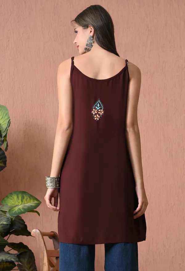 Syrish_Brown_Rayon_Spaghetti_Strap_Chikankari_Hand_Embroidered_Straight_Kurti