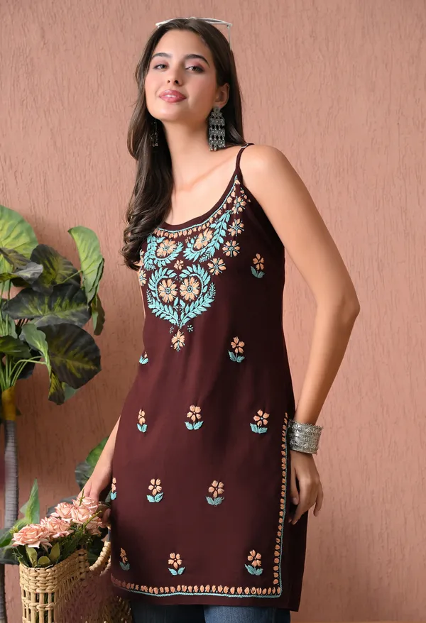 Syrish_Brown_Rayon_Spaghetti_Strap_Chikankari_Hand_Embroidered_Straight_Kurti