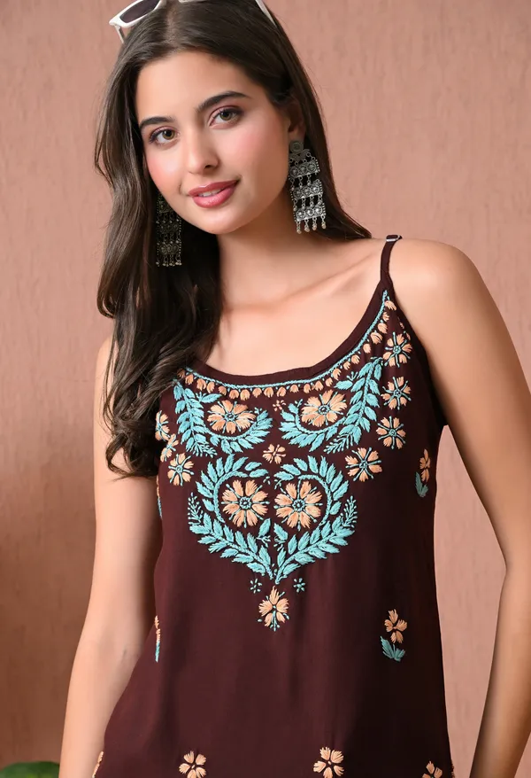 Syrish_Brown_Rayon_Spaghetti_Strap_Chikankari_Hand_Embroidered_Straight_Kurti