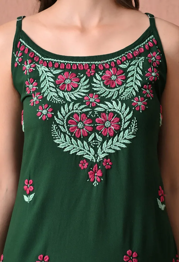 Syrish_Green_Rayon_Spaghetti_Strap_Chikankari_Hand_Embroidered_Straight_Kurti