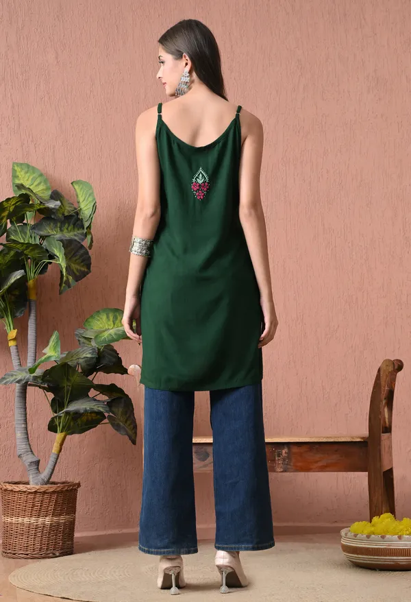Syrish_Green_Rayon_Spaghetti_Strap_Chikankari_Hand_Embroidered_Straight_Kurti