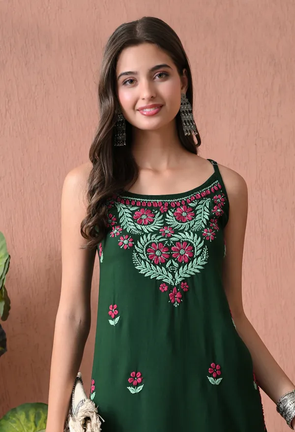 Syrish_Green_Rayon_Spaghetti_Strap_Chikankari_Hand_Embroidered_Straight_Kurti